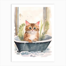 Pixiebob Cat In Bathtub Botanical Bathroom 4 Art Print