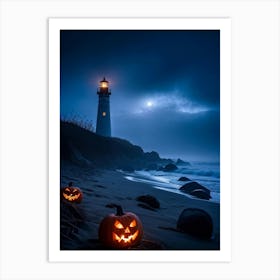 Jack O Lanterns Emanating Ethereal Glow Arrayed On A Shadowy Beach Misty Coastal Backdrop Myster (4) Art Print