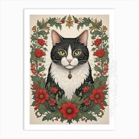 William Morris Style Christmas Cat (6) Art Print