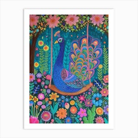 Folky Floral Peacock On A Swing 1 Art Print