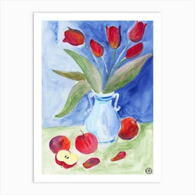 Tulips And Apples - Anton Maliar watercolor blue red green floral flowers hand painted vertical living room kitchen Art Print