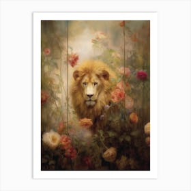 Lion In Wild Roses Art Print