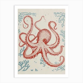 Octopus Linocut Style With Aqua Marine Plants 9 Art Print