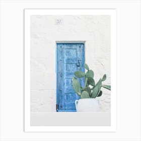 Puglia, Italy I The minimalist blue door photography and boho cactus in authentic Mediterranean Ostuni village on a geometric white wall with a retro vintage aesthetic during the Italian Indian pastel summer Art Print