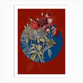 Vintage Botanical Ternaux Rose Bloom on Circle Blue on Red n.0140 Art Print