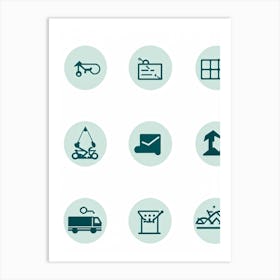 Black Icon Interface Representing Various Sectors Including Transportation Medicine Mobile School (1) Art Print