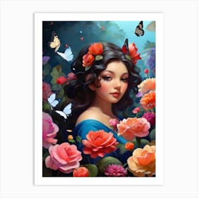 Girl With Butterflies And Roses Art Print