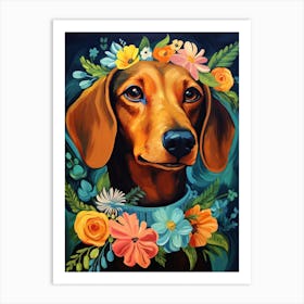 Dachshund Portrait With A Flower Crown, Matisse Painting Style 2 Art Print
