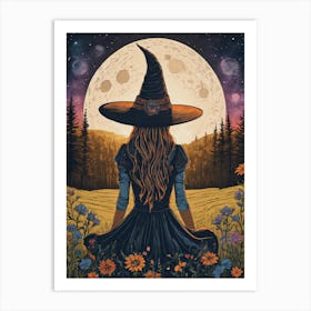 Cottagecore Country Witch - Beautiful Vintage Style Victorian Witchcore Full Moon Witchy Pagan Fairytale Line Art of a Young Witch Sitting in a Summer Meadow of Flowers, Litha Witch Goddess Wheel of the Year Wiccan Festival Celestial Tarot HD Art Print