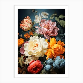 Elegant Floral Bouquet Artwork – Vibrant Peonies, Tulips & Wildflowers Illustration Art Print