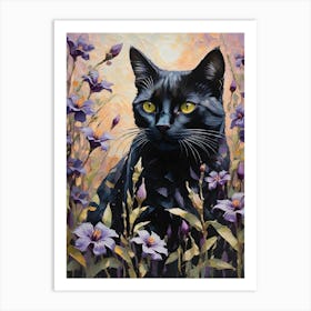 Black Cat Amongst Belladonna Flowers - Oil and Palette Knife Painting of A Beautiful Black Cat Sitting Among the Flowering Atropa Belladonna Deadly Nightshade - Kitty, Cat Lady, Pagan, Feature Wall, Witch, Fairytale Tarot Bastet Litha Colorful Painting in HD Art Print