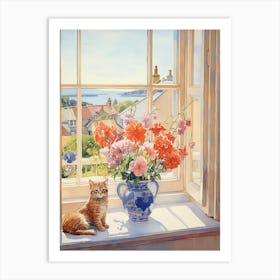 Cat With Gladiolus Flowers Watercolor Mothers Day Valentines 2 Art Print