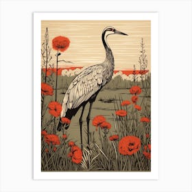 Vintage Bird Linocut Crane 3 Art Print