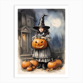 Little Witch With Pumpkins Art Print