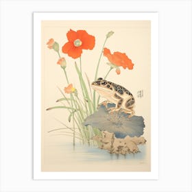 Frog And Flowers, Matsumoto Hoji Inspired Japanese Woodblock 1 Art Print