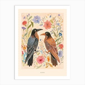 Folksy Floral Animal Drawing Raven 2 Poster Art Print