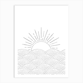 Sun Rising Over Waves, line art mimimalist Art Print