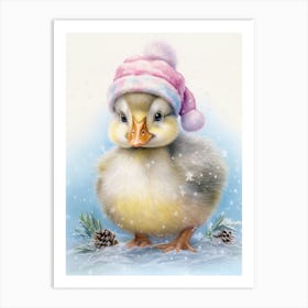 Duckling In A Christmas Hat Winter Scene Illustration Art Print