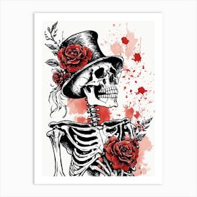 Floral Skeleton With Hat Ink Painting (86) Art Print