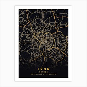 Lyon France Black And Gold Map Art Print