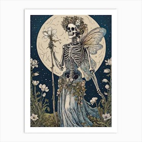 Skeleton Fairy - Gothic Line Art of Spring Skellie Woman Witch Fae Pagan Ostara Imbolc Full Moon Spooky Creepy Beautiful Midnight Stars Goth Feature Wall Occult Macabre HD Art Print