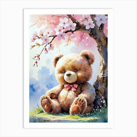 Teddy Bear With Cherry Blossoms Affiche