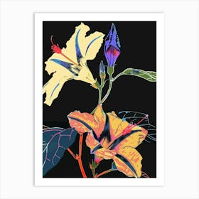 Neon Flowers On Black Morning Glory 1 Art Print
