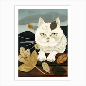 White Cat With Autumn Leaves Art Print