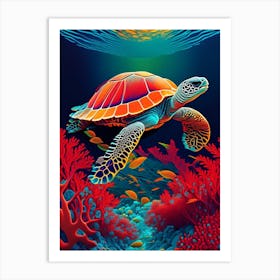 A Single Sea Turtle In Coral Reef, Sea Turtle Primary Colours 2 Art Print