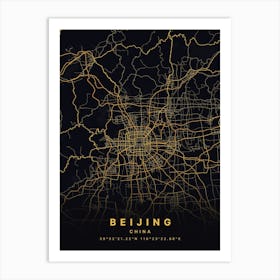 Beijing China Black And Gold Map Art Print