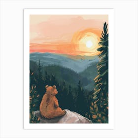 Sloth Bear Looking At A Sunset From A Mountaintop Storybook Illustration 1 Art Print