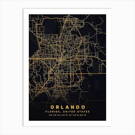 Orlando Florida Usa Black And Gold Map Art Print