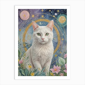 White Cat In The Cosmic Garden Art Print