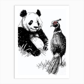 Giant Panda And A Blood Pheasant Ink Illustration 4 Art Print