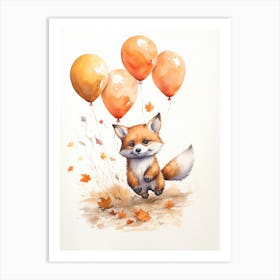 Fox Flying With Autumn Fall Pumpkins And Balloons Watercolour Nursery 1 Art Print