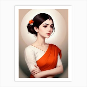 Indian Woman In Orange Sari Art Print