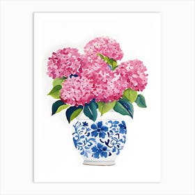 Pink Hydrangea Painting Blue And White Vase Planter Art Print