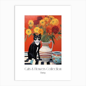 Cats & Flowers Collection Daisy Flower Vase And A Cat, A Painting In The Style Of Matisse 1 Art Print