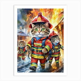 Firefighter Cats Art Print