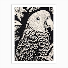 B&W Bird Linocut Parrot 2 Art Print