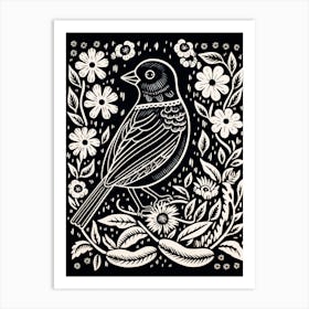B&W Bird Linocut Cowbird 1 Art Print