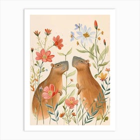 Folksy Floral Animal Drawing Capybara 2 Art Print