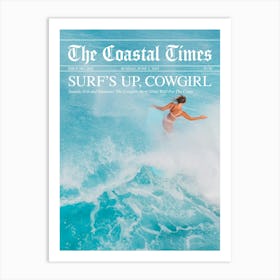 Surfs Up Cowgirl Newspaper - White Text Art Print