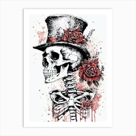 Floral Skeleton With Hat Ink Painting (100) Art Print