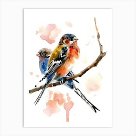 Watercolor Birds On A Branch Colorful Illustration Art Print