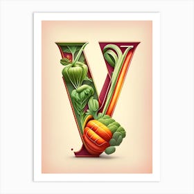 V  For Vegetables, Letter, Alphabet Retro Drawing 4 Art Print