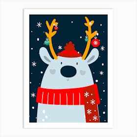 Christmas Bear with Reindeer Antlers Art Print