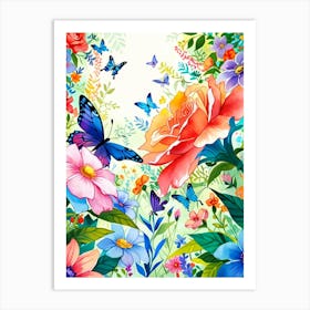 Colorful Flowers And Butterflies Art Print