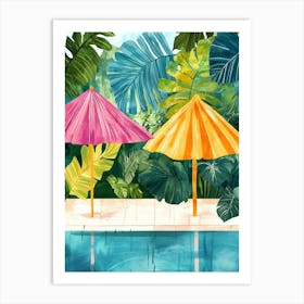 Watercolor Tropical Background With Umbrellas Art Print