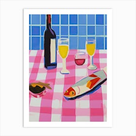 Painting Of A Table With Food And Wine, French Riviera View, Checkered Cloth, Matisse Style 1 Art Print